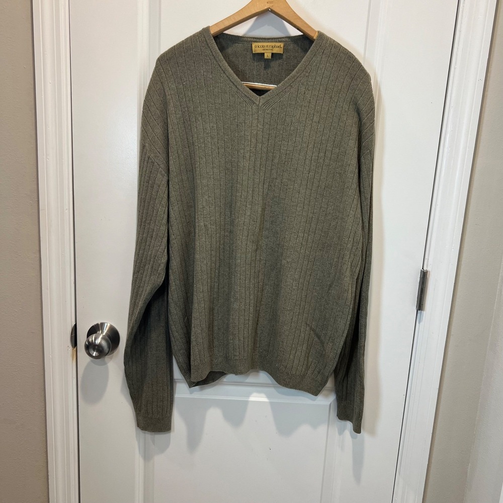 Tricots St Raphael‎ Mens V-Neck Sweater Ribbed Knit Olive Green Size L